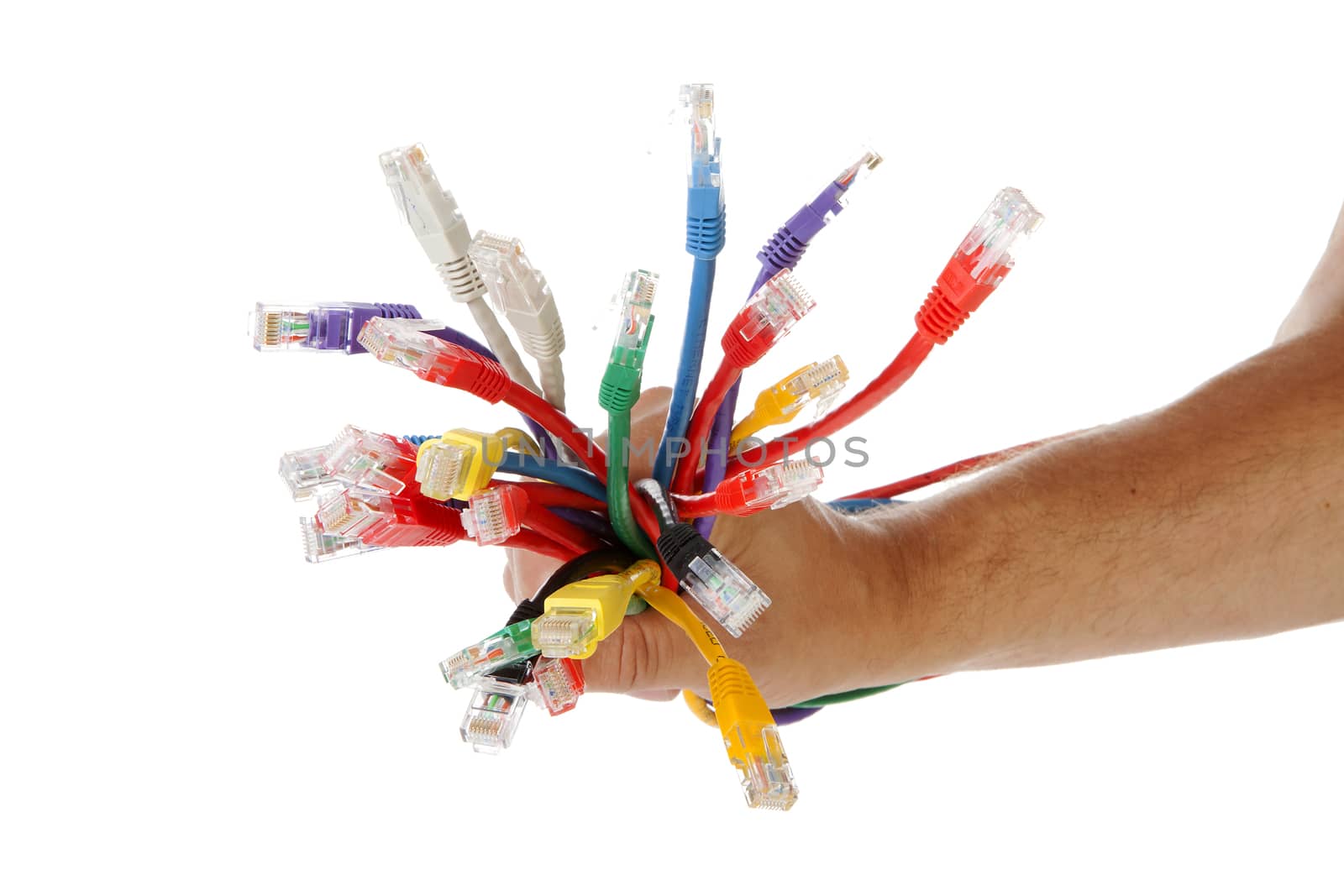 hand is holding bunch of cables over white background