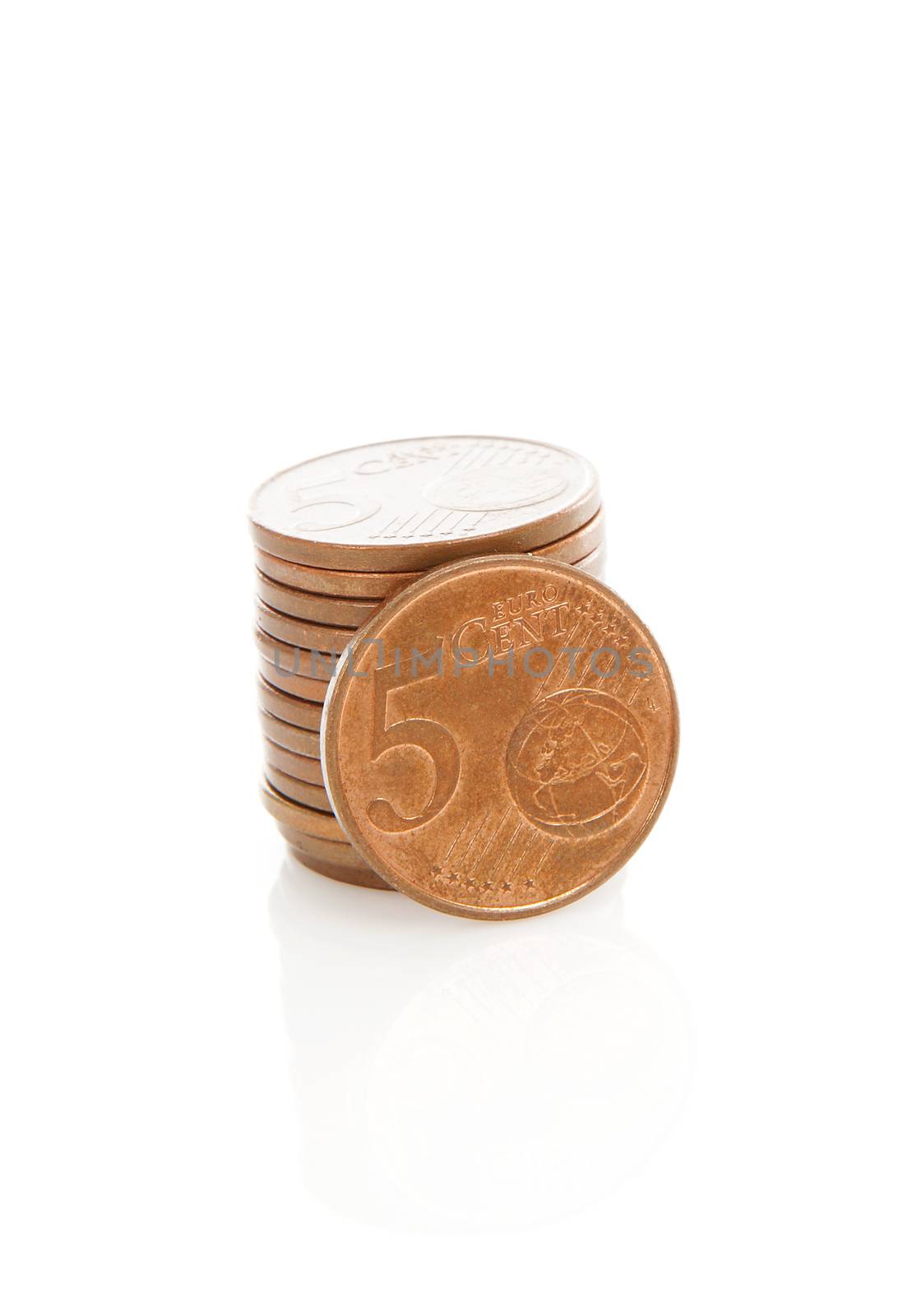 Piles of 5 cents  Euro money coins over white background