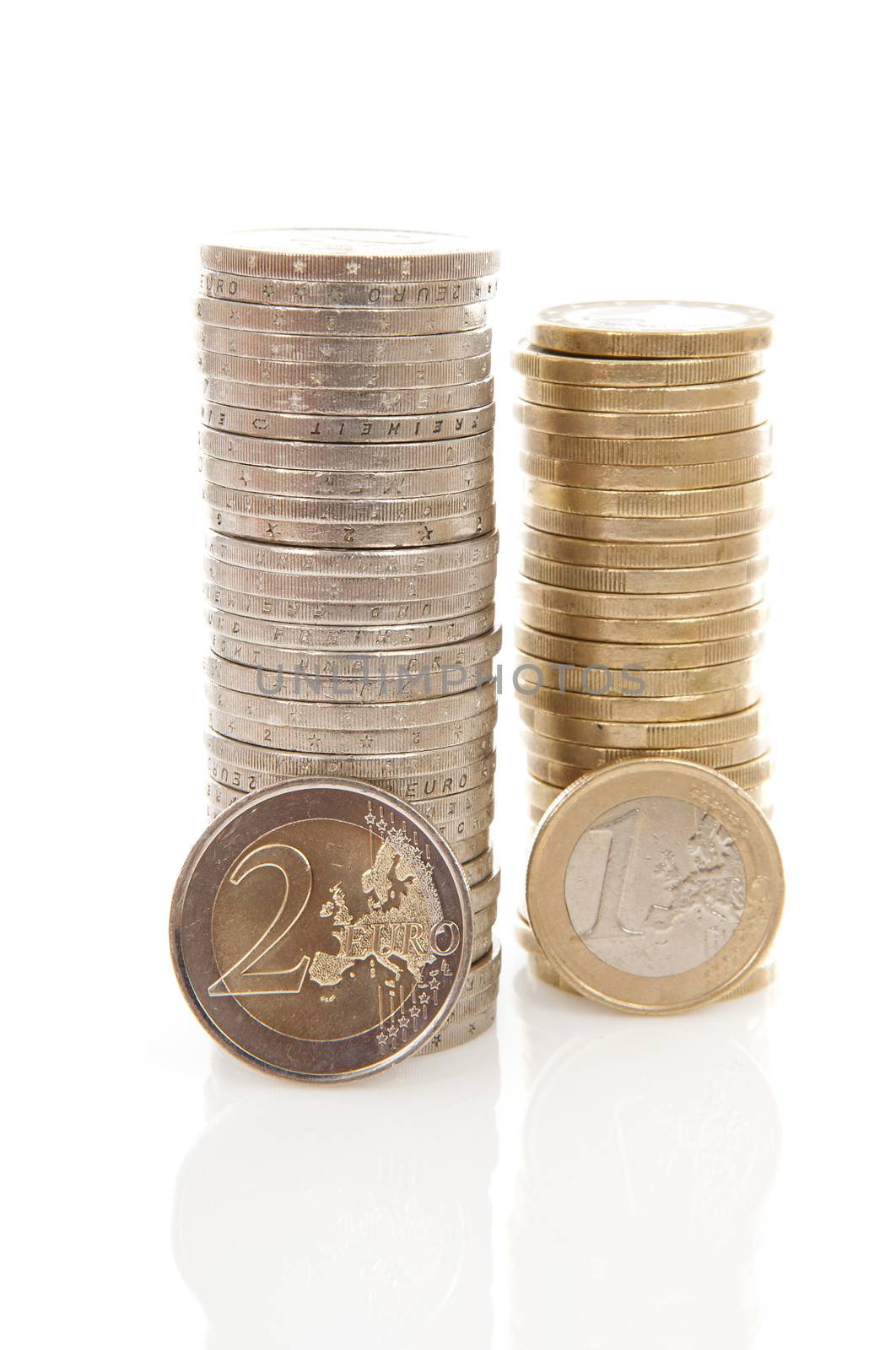 Piles of 1 and 2  Euro money coins over white background