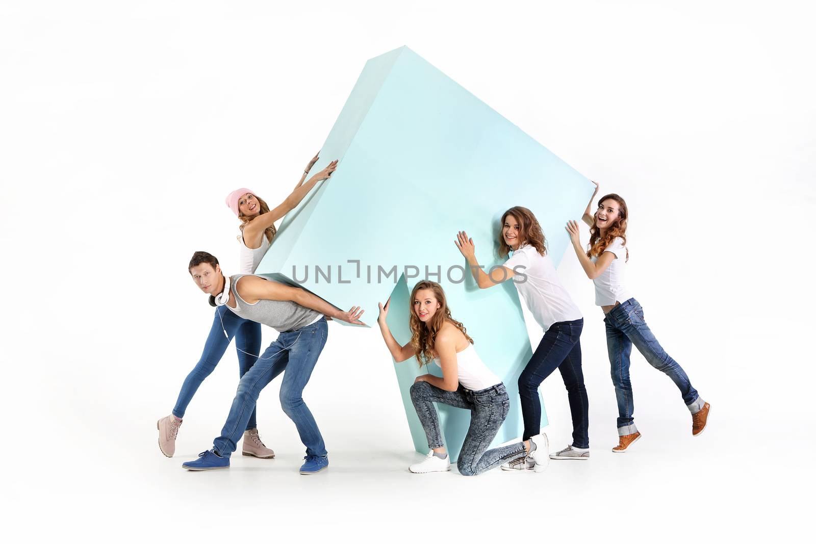 team of young people dressed in blue jeans and a white t-shirt with a big mock-up shots