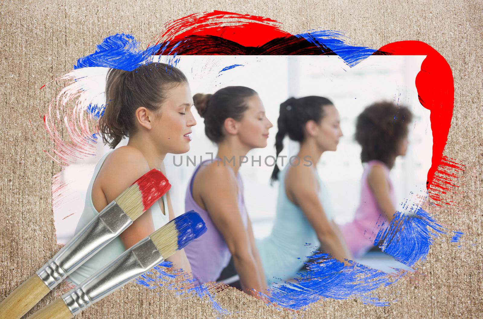 Composite image of yoga class in the gym against weathered surface with paintbrushes
