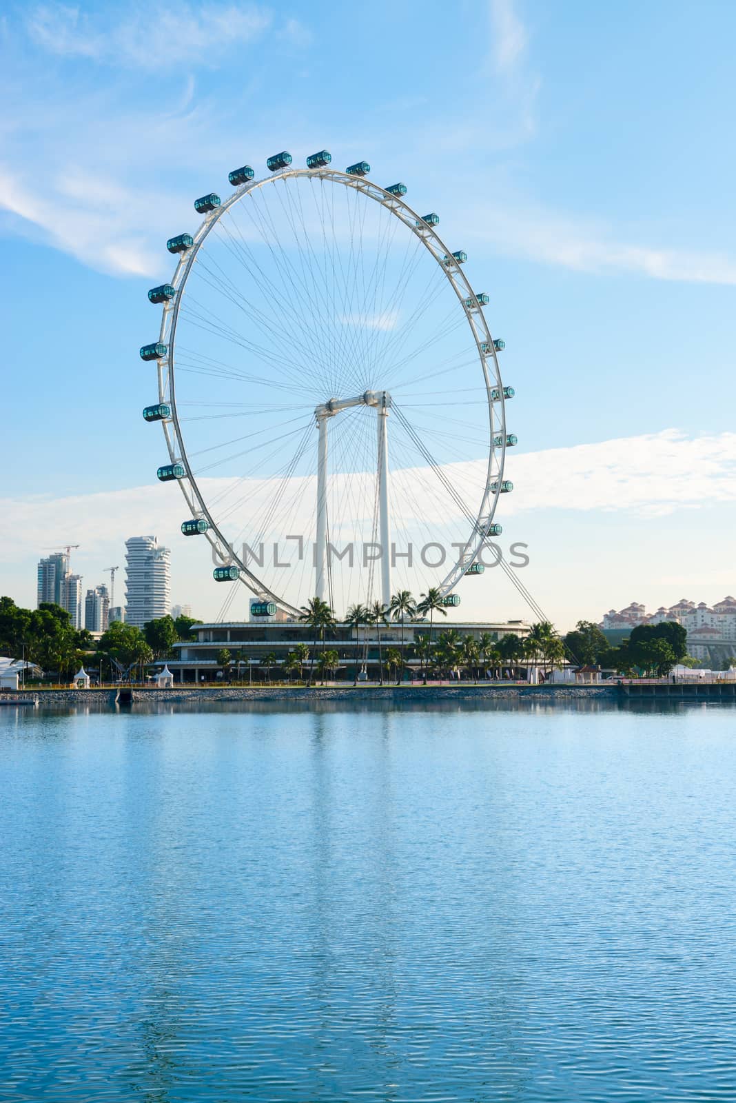 Big ferris wheel in the modern city skyline and bay water on front, Singapore. 