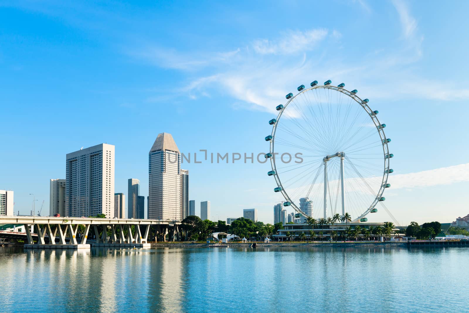 Big ferris wheel in the modern city skyline and bay water on front, Singapore. 