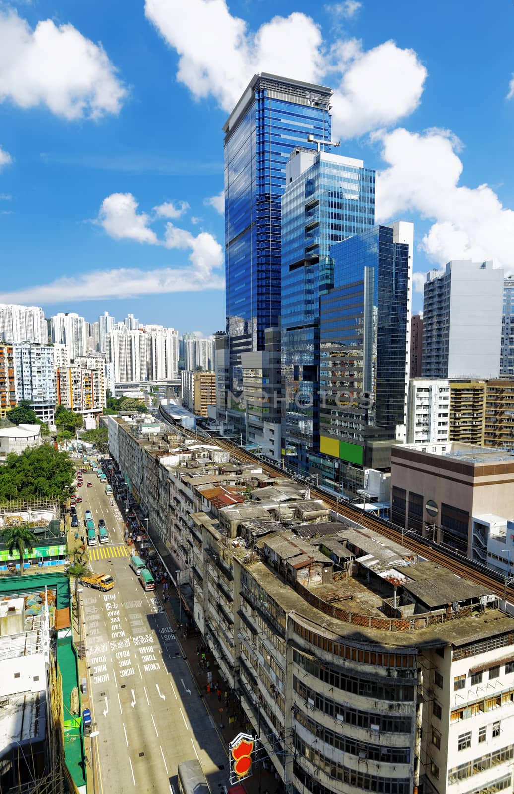 Hong Kong Day, Kwun Tong distract , skyline office buildings and public house urban