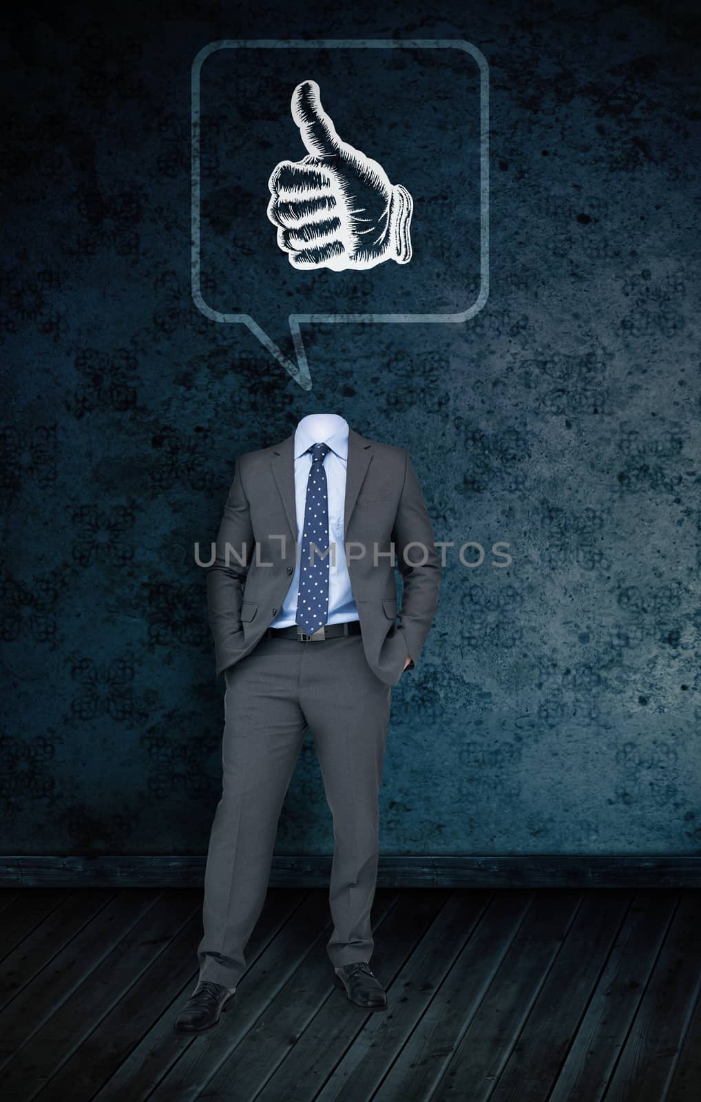 Composite image of headless businessman with thumbs in speech bubble against dark grimy room