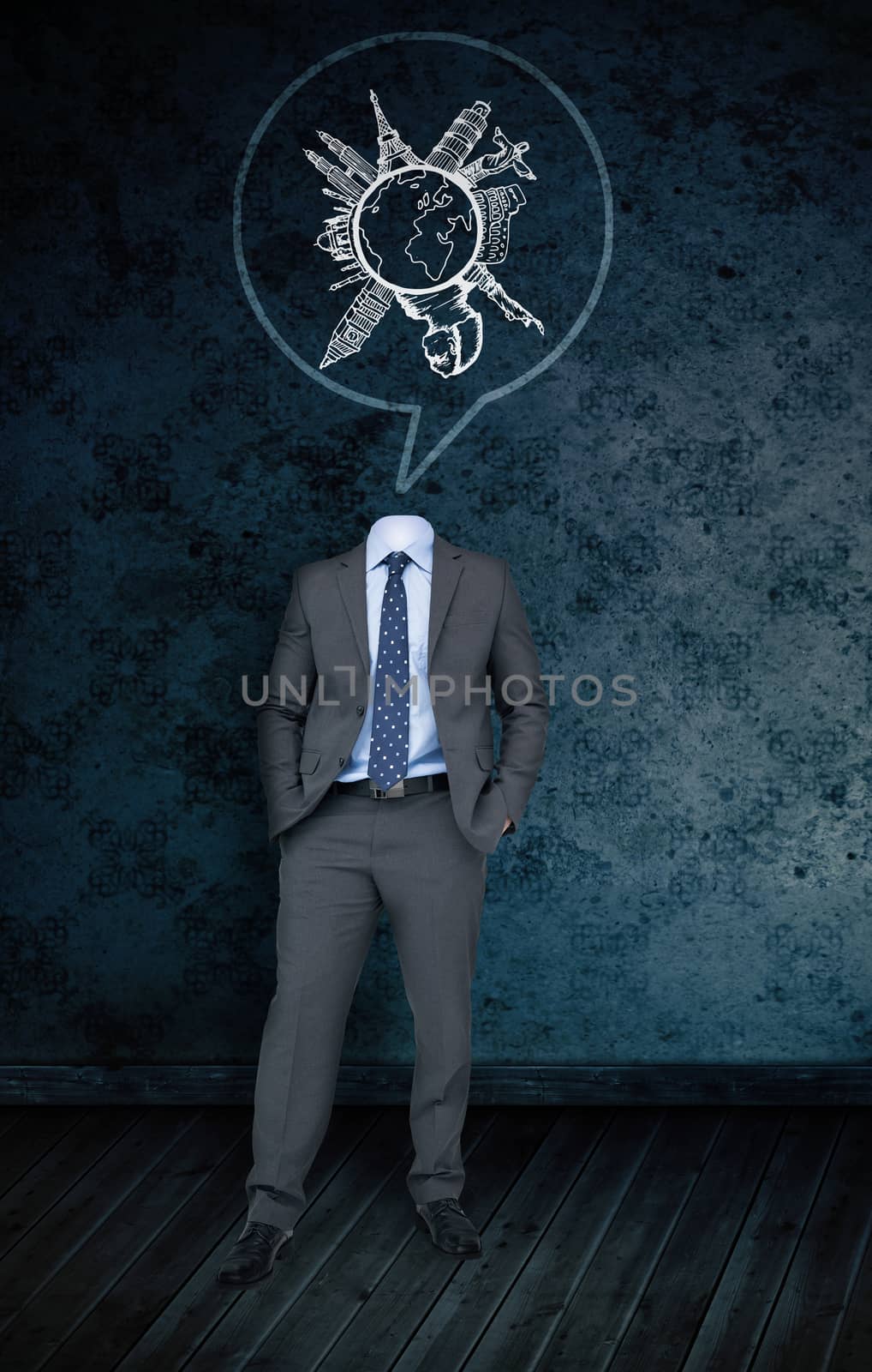Composite image of headless businessman with tourism doodle in speech bubble against dark grimy room