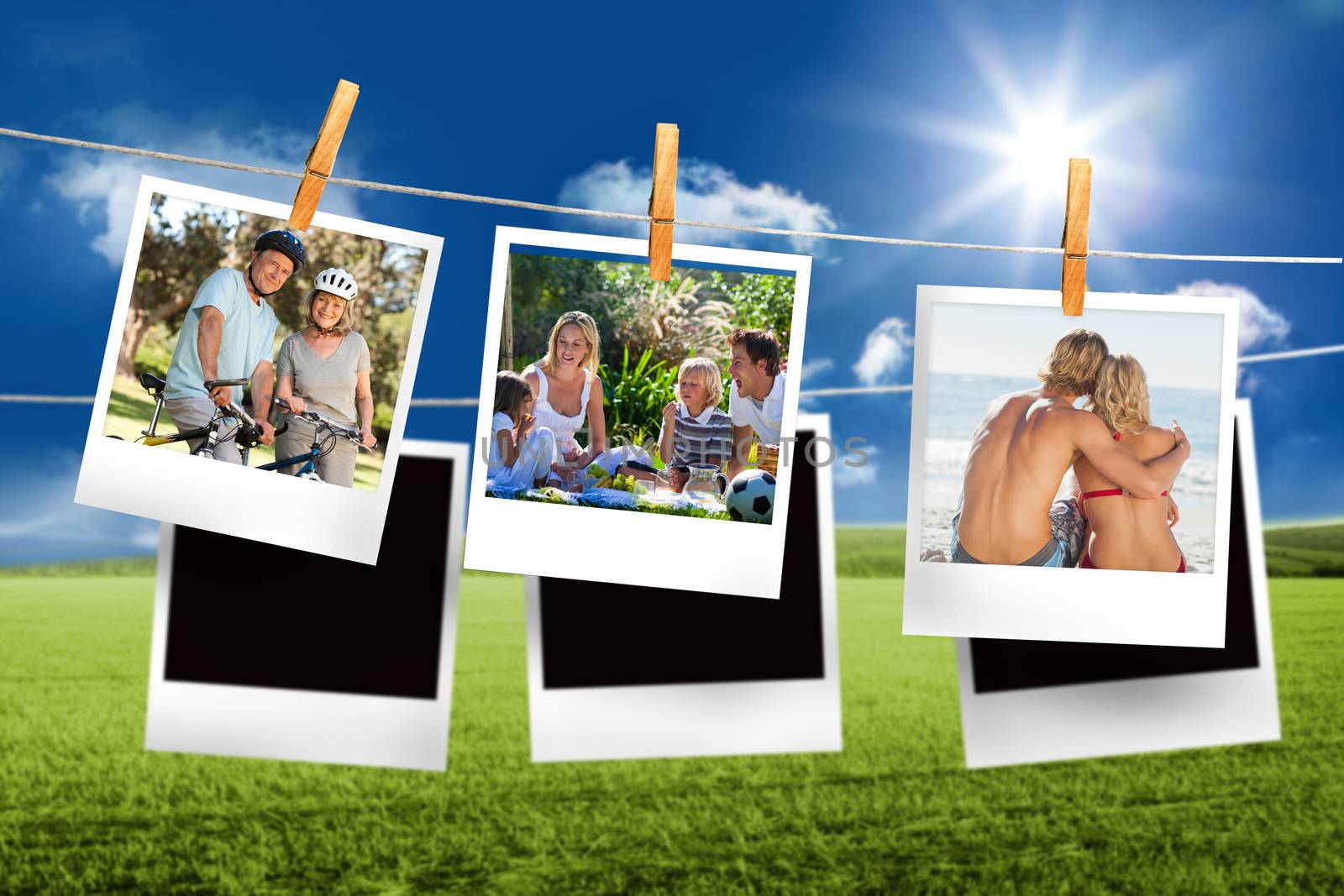 Composite image of instant photos hanging on a line against field and blue sky