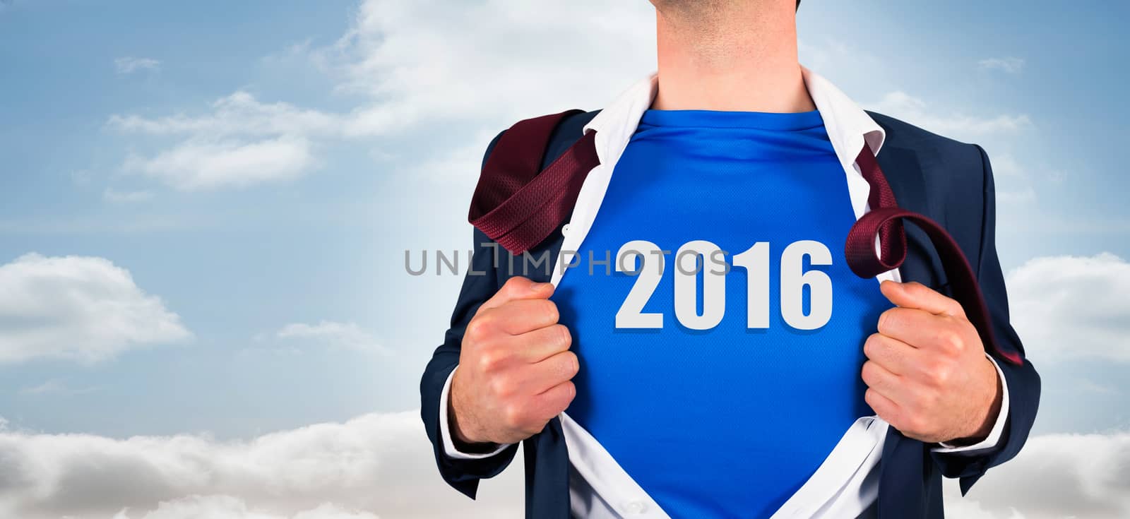 Composite image of businessman opening his shirt superhero style against bright sky