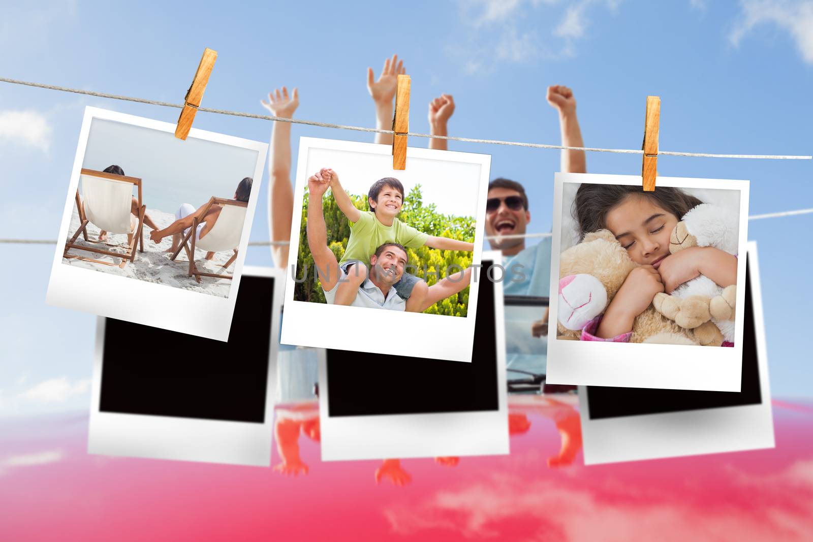 Composite image of instant photos hanging on a line against cheering couple in convertible