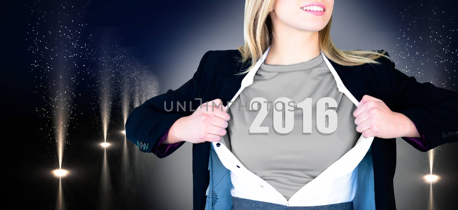 Businesswoman opening shirt in superhero style against cool nightlife lights