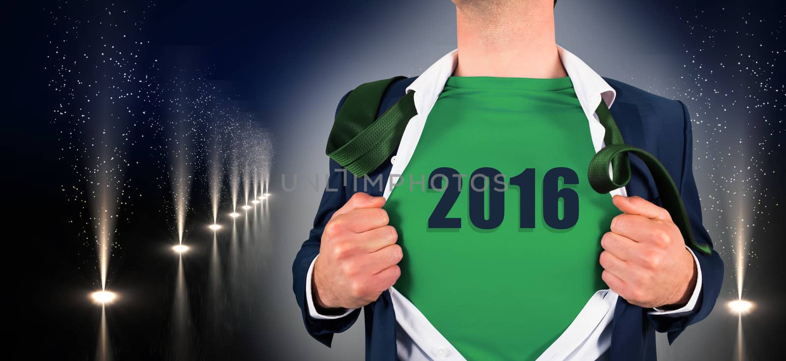 Composite image of businessman opening shirt in superhero style by Wavebreakmedia