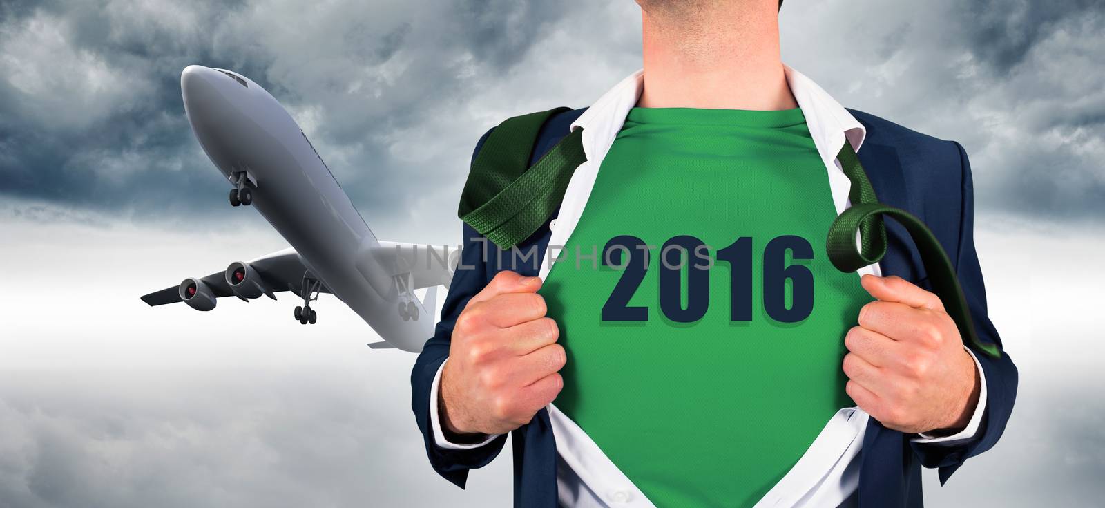 Businessman opening shirt in superhero style against 3d plane flying in the sky