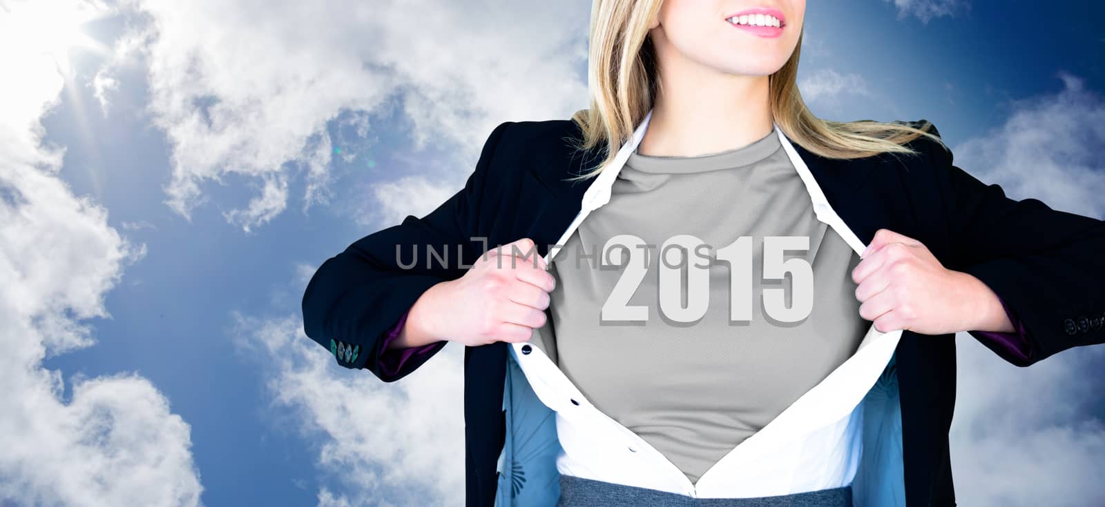 Composite image of businesswoman opening shirt in superhero style by Wavebreakmedia