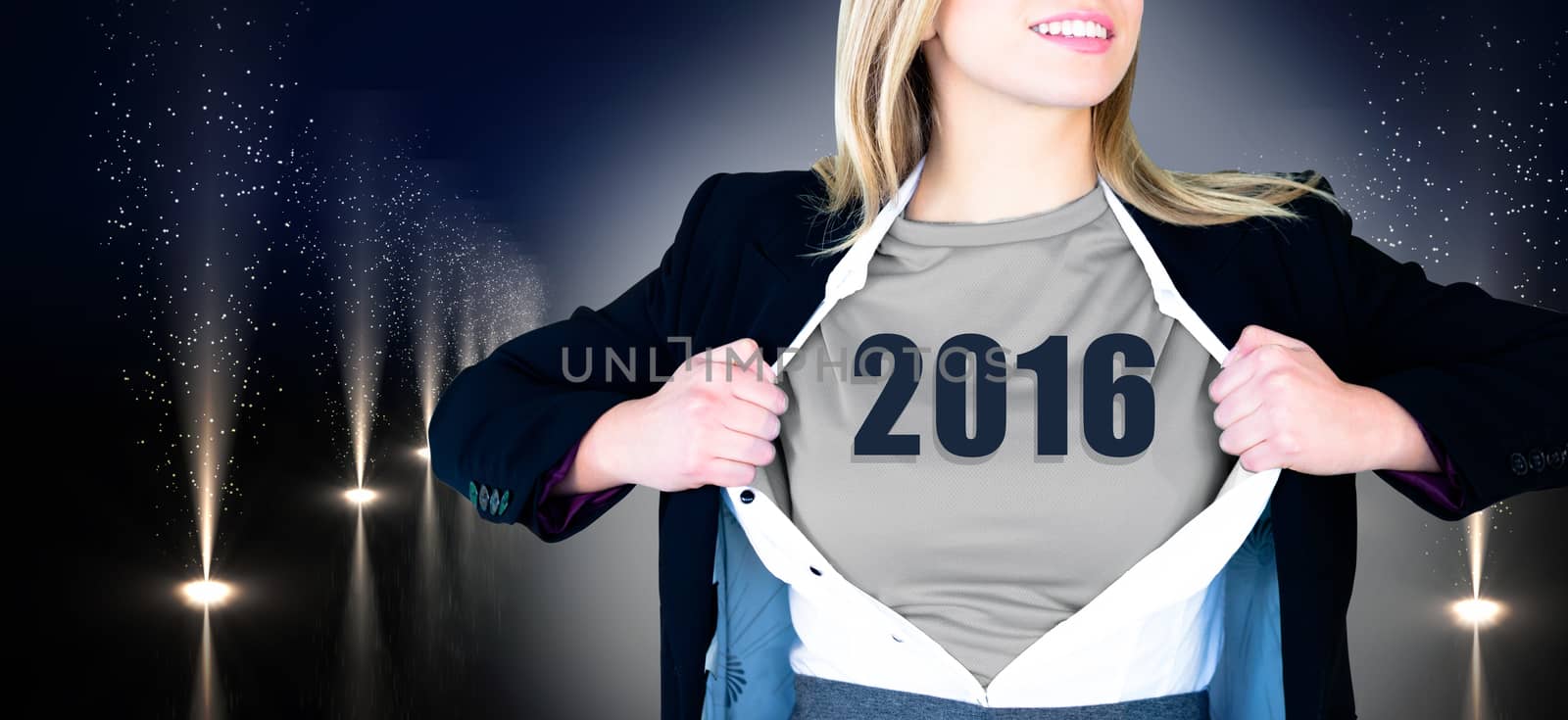 Composite image of businesswoman opening shirt in superhero style by Wavebreakmedia