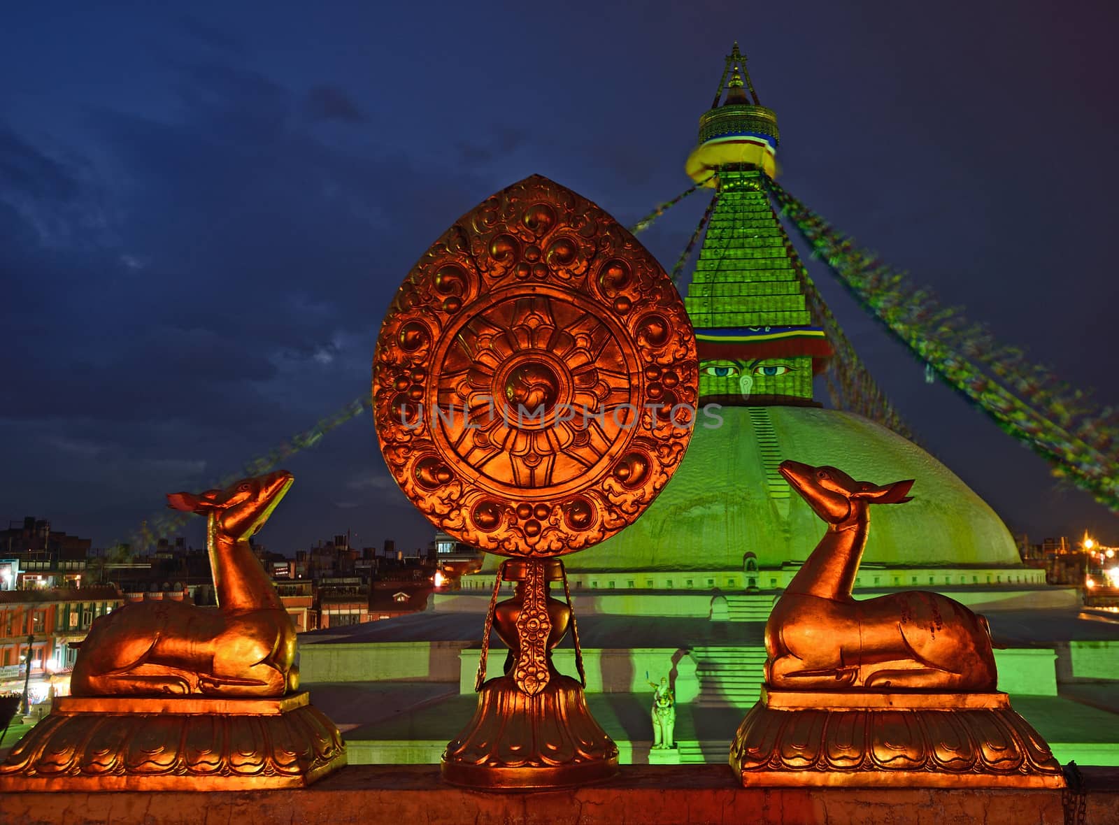 Golden brahma symbol in front of Boudha Nath (Bodhnath) stupa in by think4photop