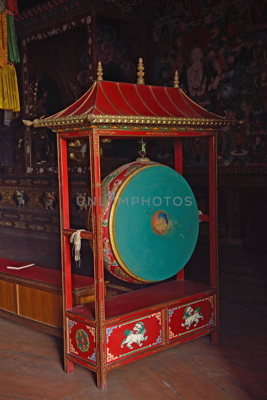 drum pray in buddhist temple, Nepal
