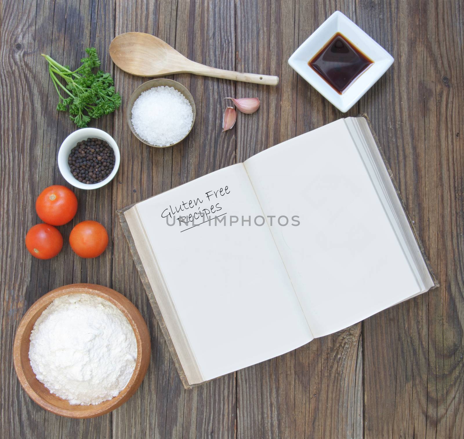 Gluten free ingredients including wheat free pasta, soya and other ingredients with a recipe book
