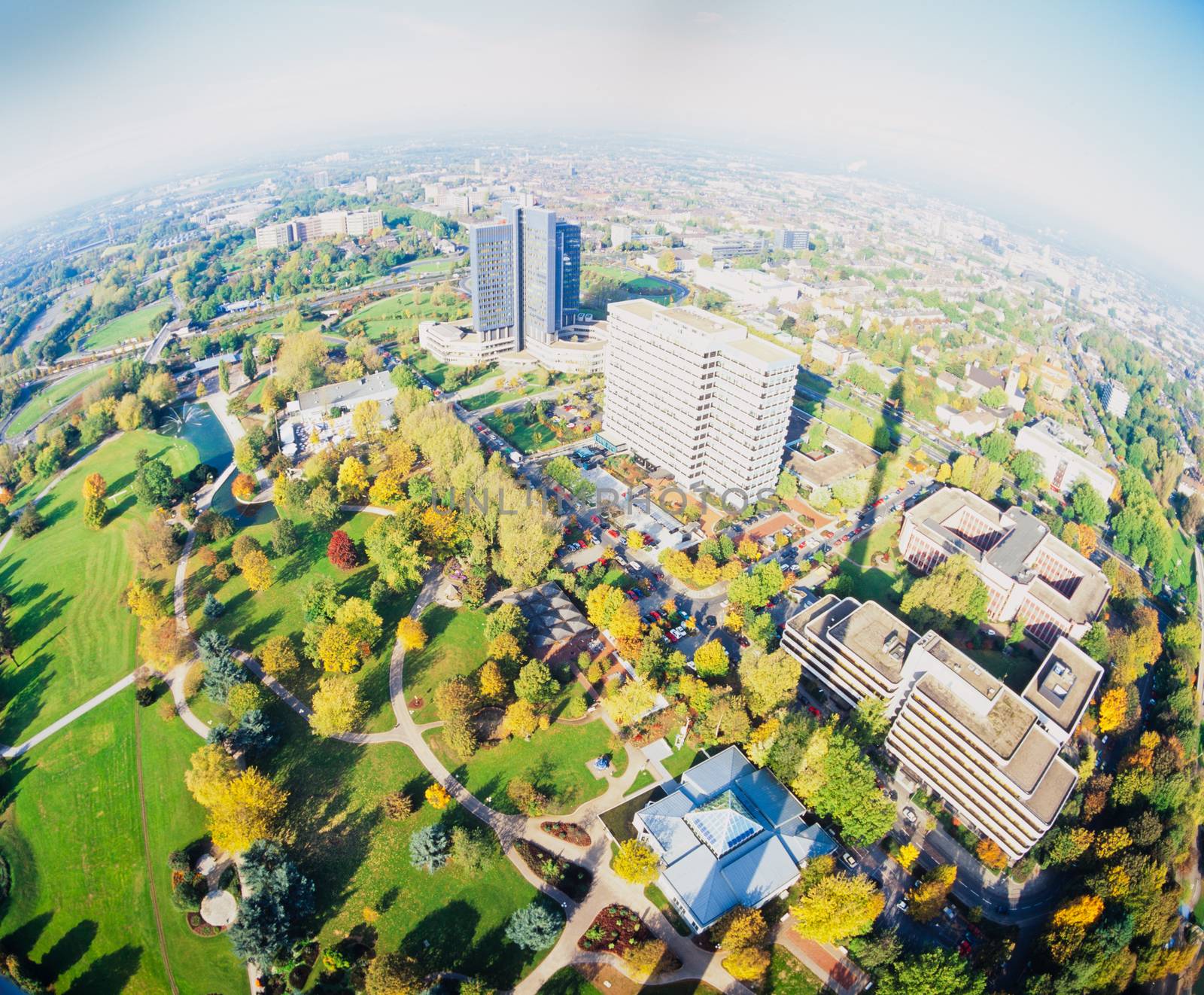 Fall 1992, Fisheye aerial view of Dortmund, Germany, Europe, cityscape from "Florian" or "Florian tower", Dortmund's TV tower in Westphalia Park (Westfalenpark)