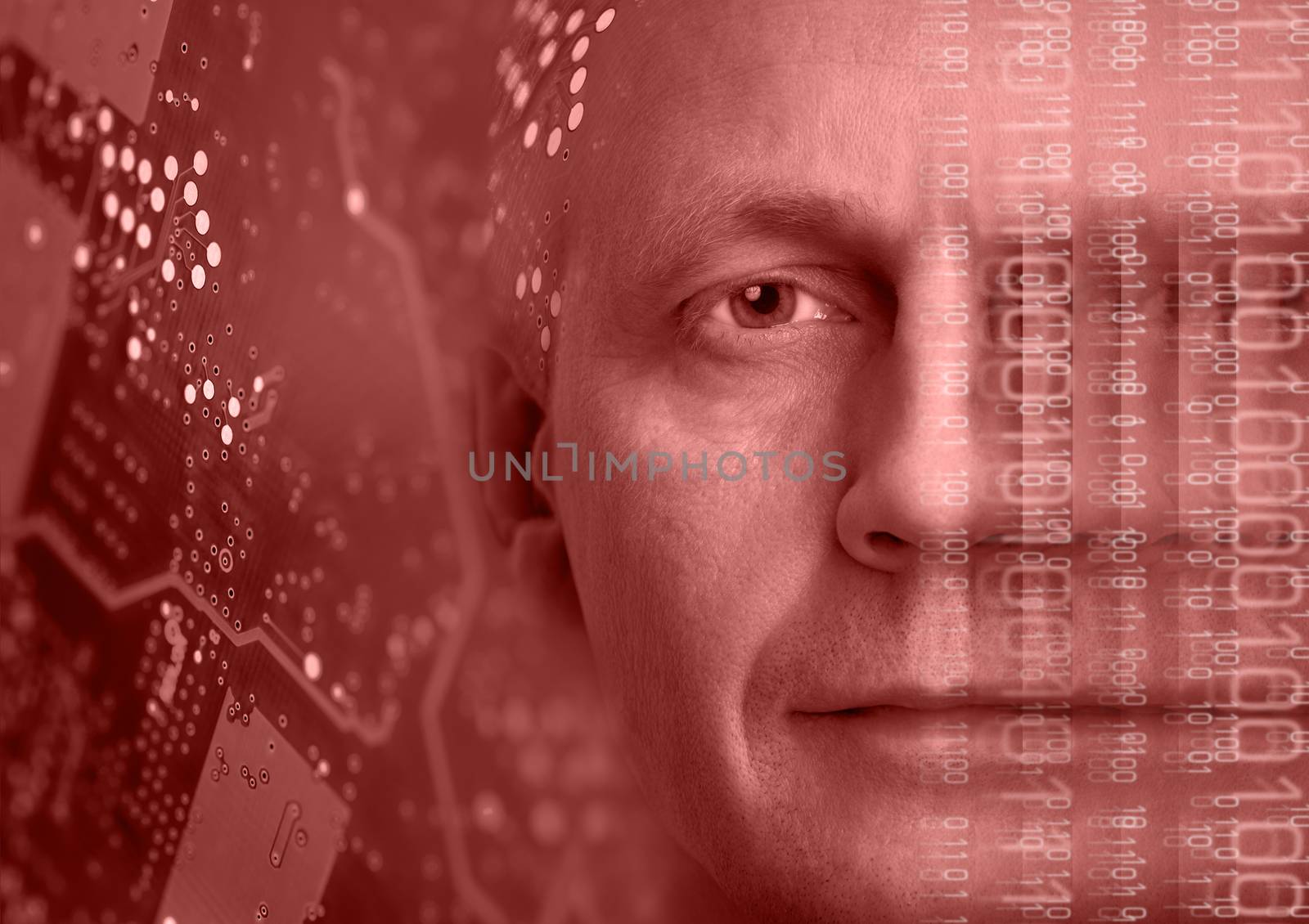 Man portrait on background of electronic circuit board and binary code.