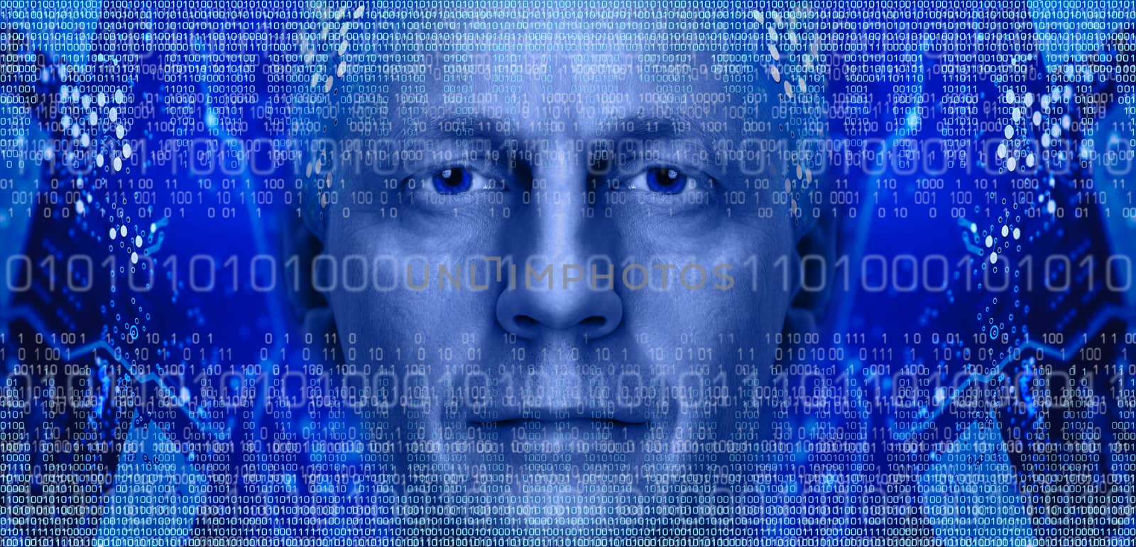 Man portrait on background of electronic circuit board and binary code. Toned blue.