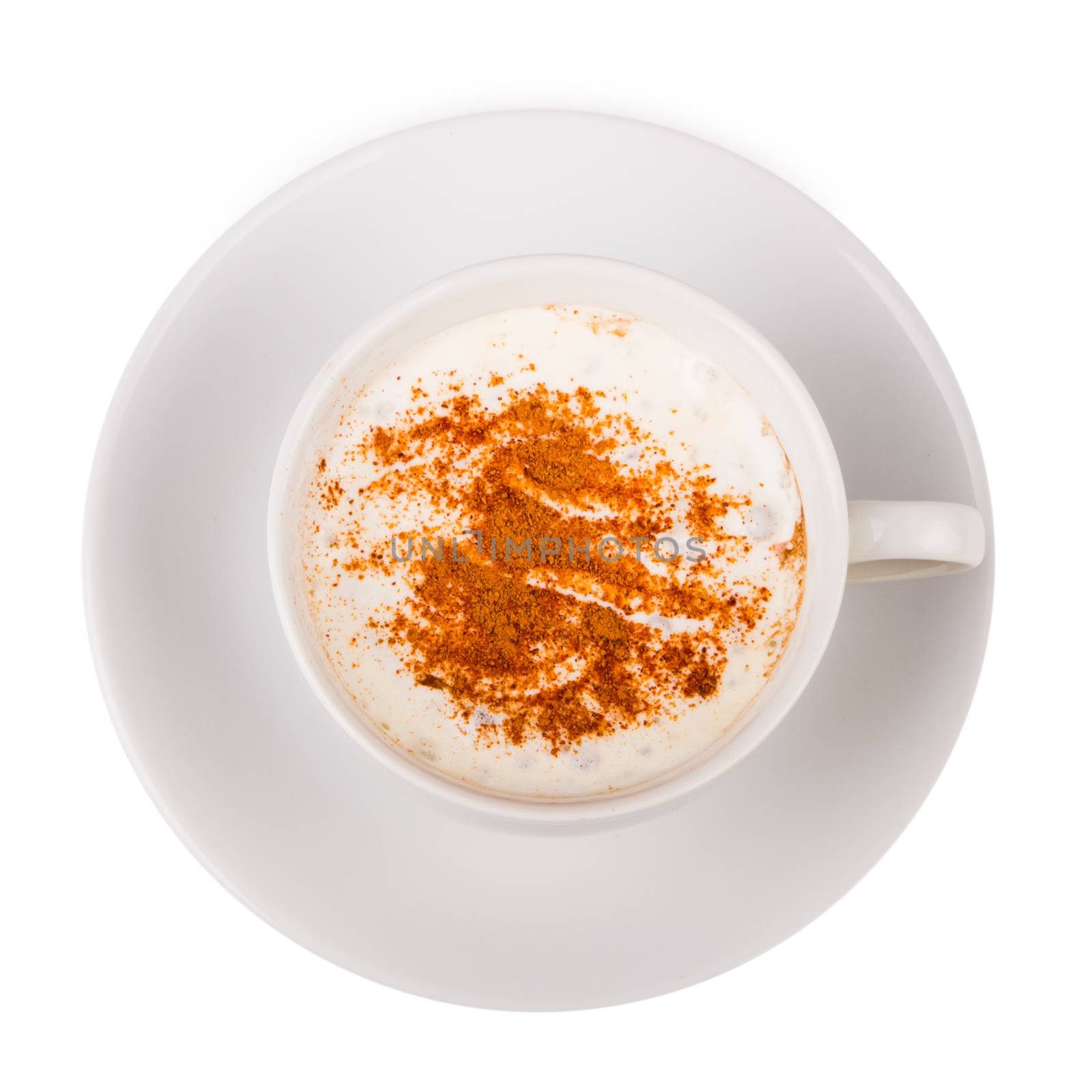 Coffee with whipped cream and cinnamon isolated on white