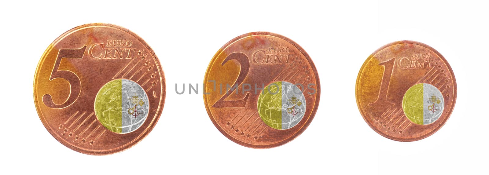 European union concept - 1, 2 and 5 eurocent, flag of the Vatican City