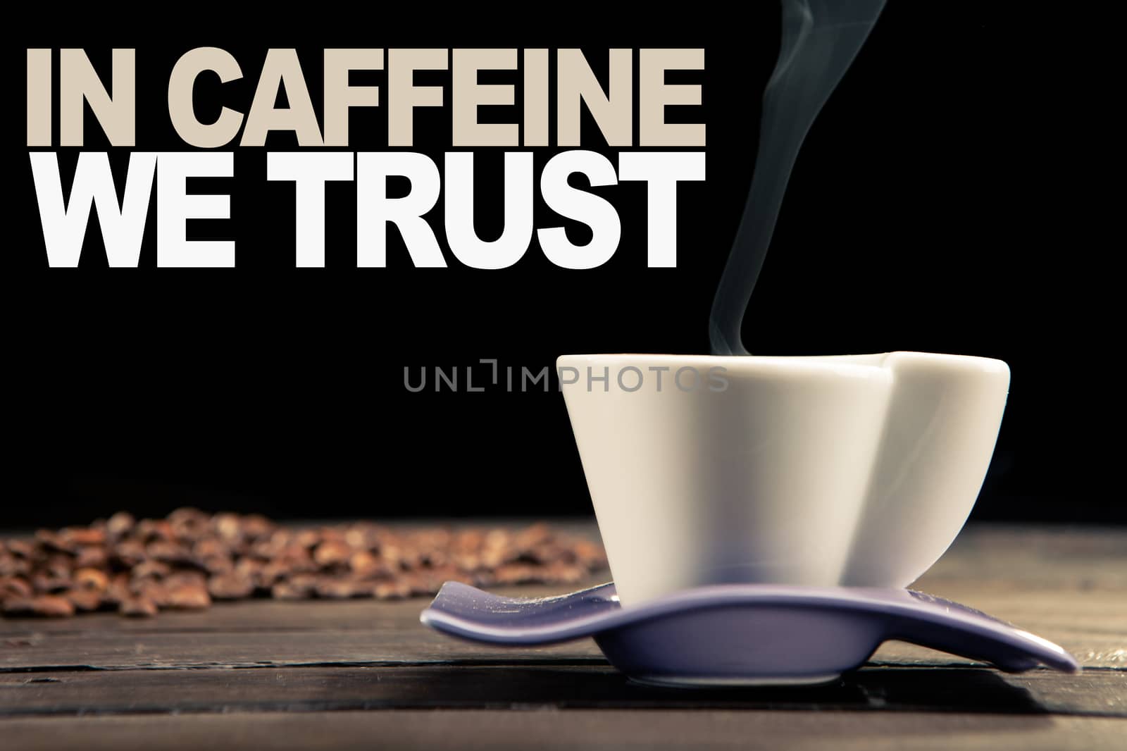 close up of a steaming cup of coffee with coffee beans scattered behind on a wooden table and a black background. file with text for print use