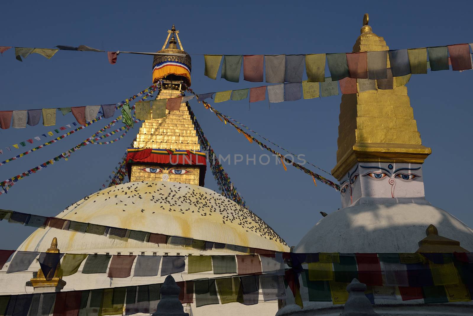 Boudhanath Stupa. Golden spire and all seeing Buddha eyes on top by think4photop