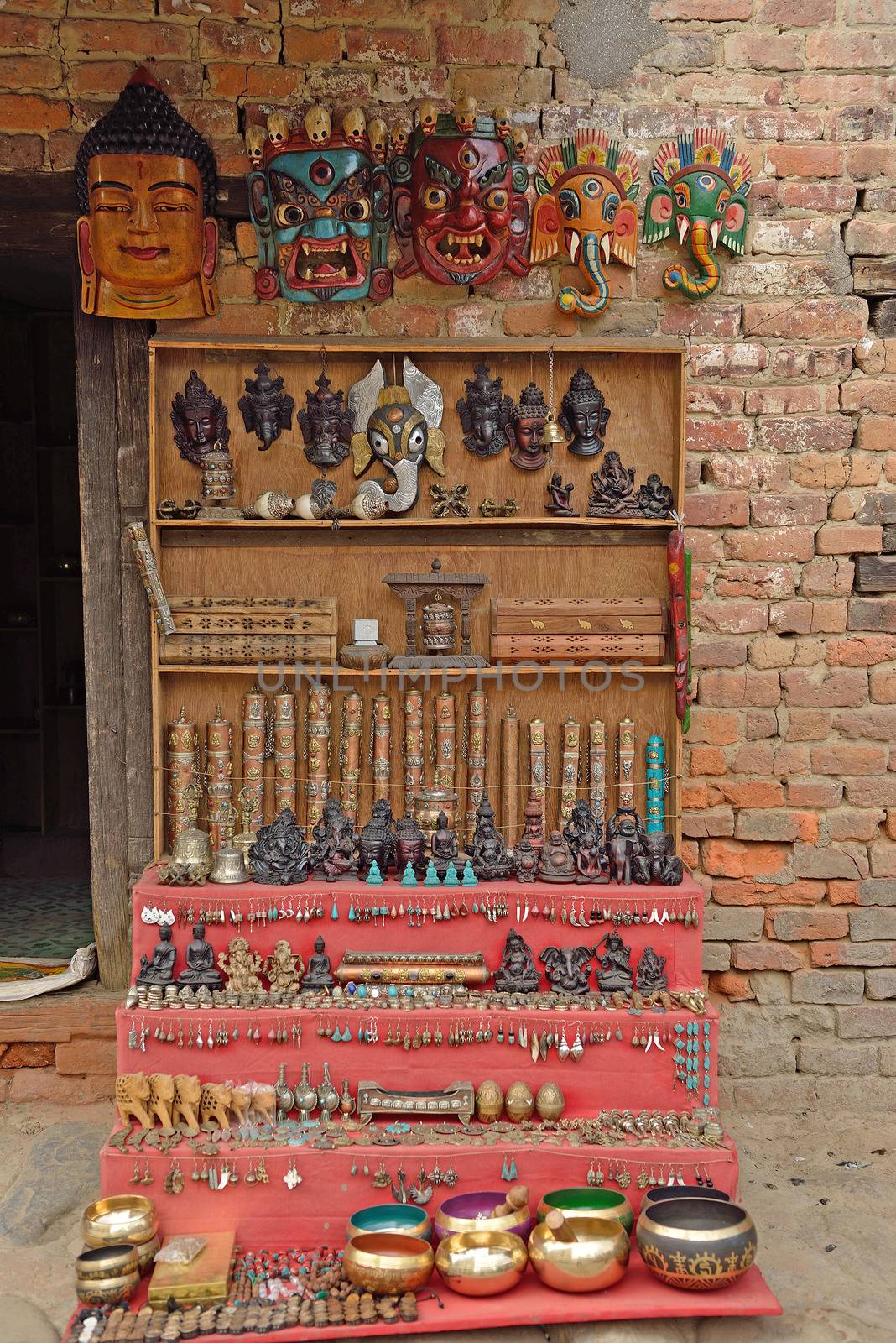 Nepali masks on display in the markets in Nepal by think4photop