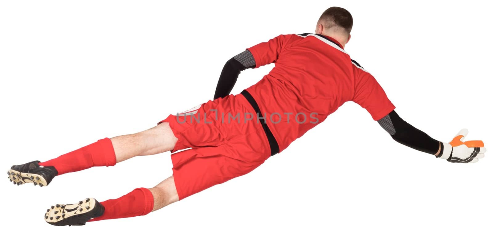 Fit goal keeper jumping up on white background