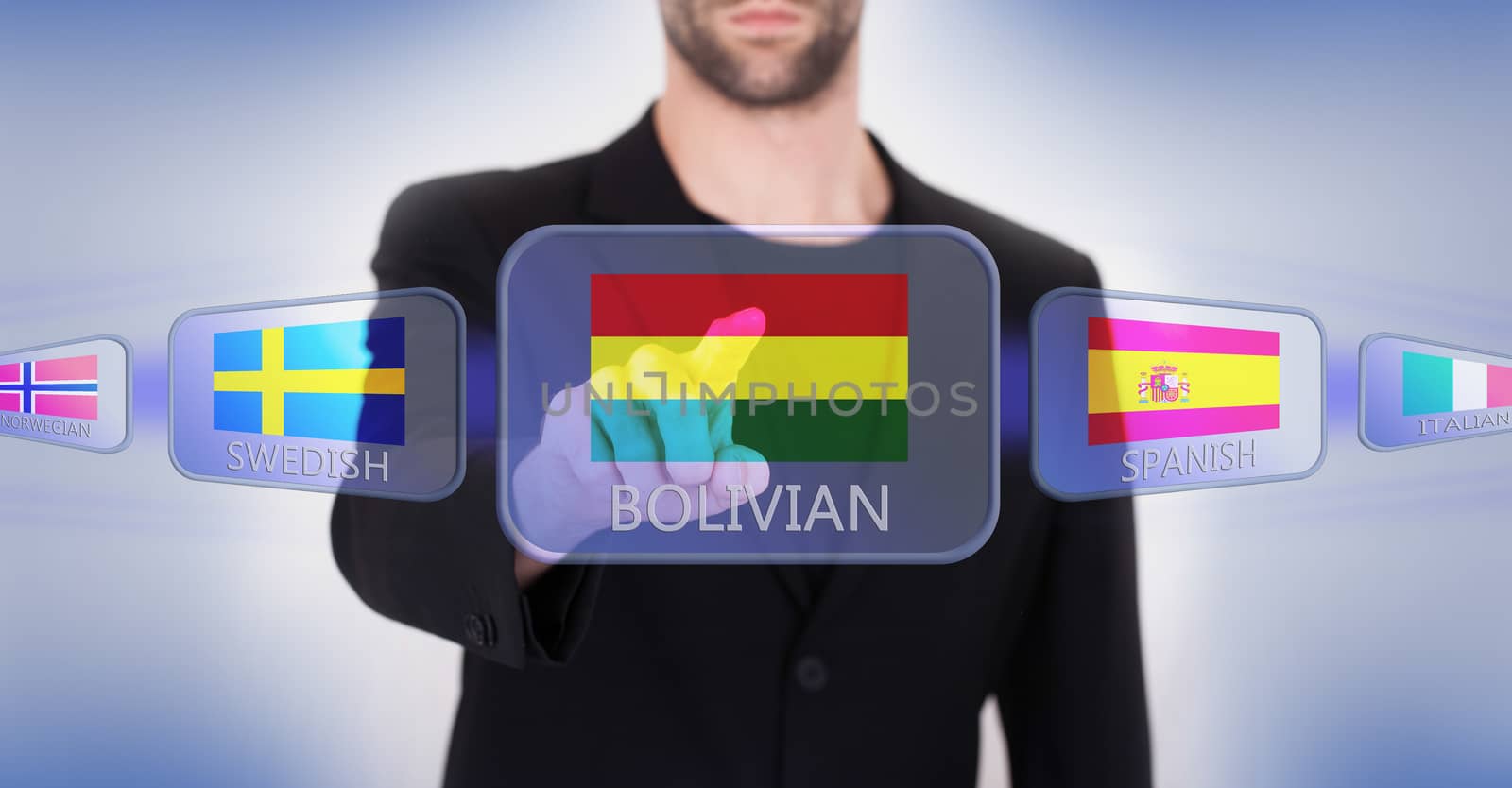 Hand pushing on a touch screen interface, choosing language or country, Bolivia