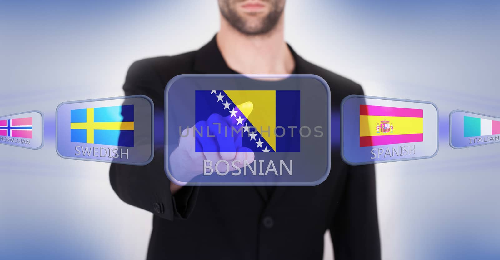 Hand pushing on a touch screen interface, choosing language or country, Bosnia and Herzegovina
