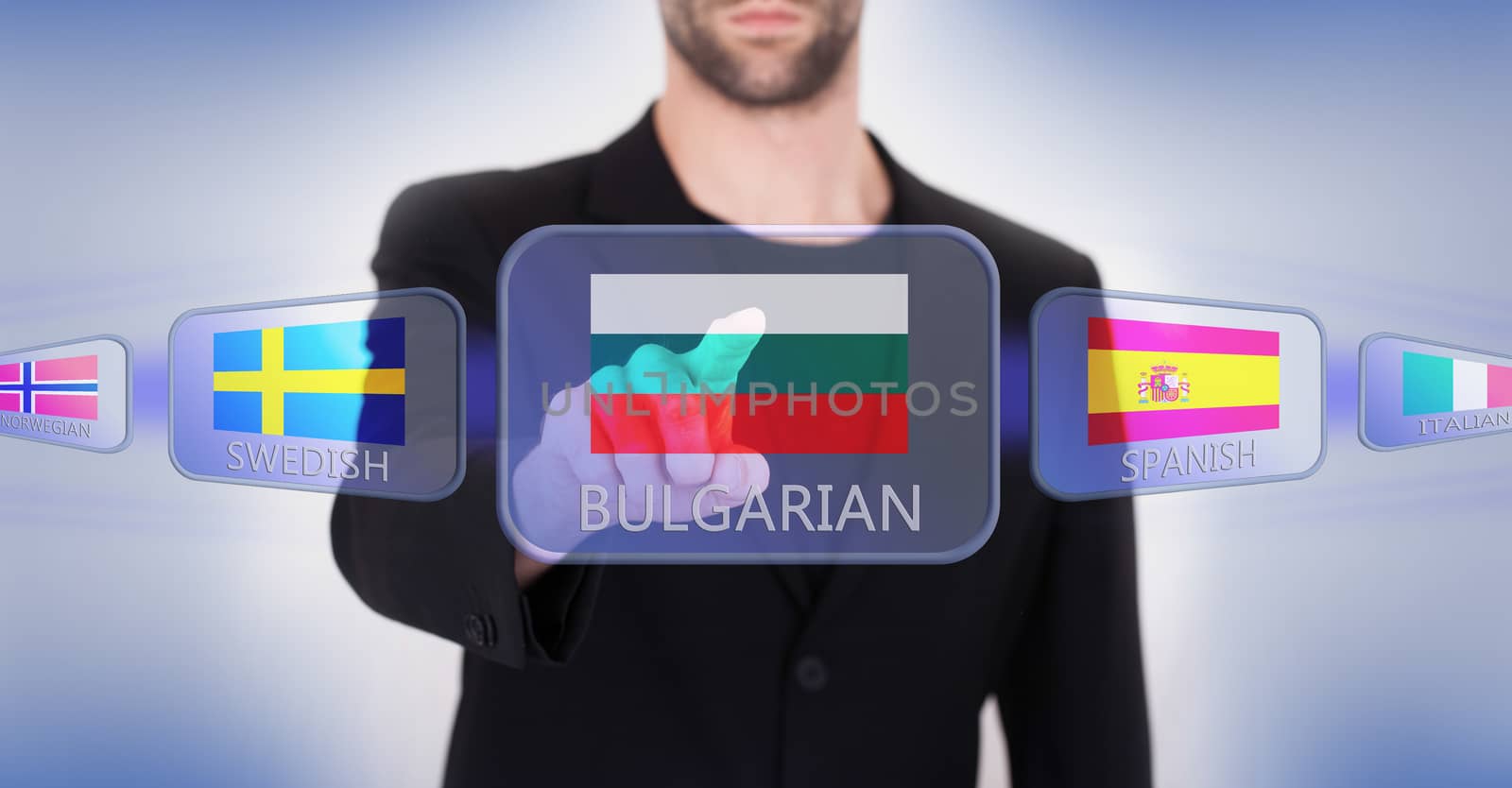 Hand pushing on a touch screen interface, choosing language or country, Bulgaria