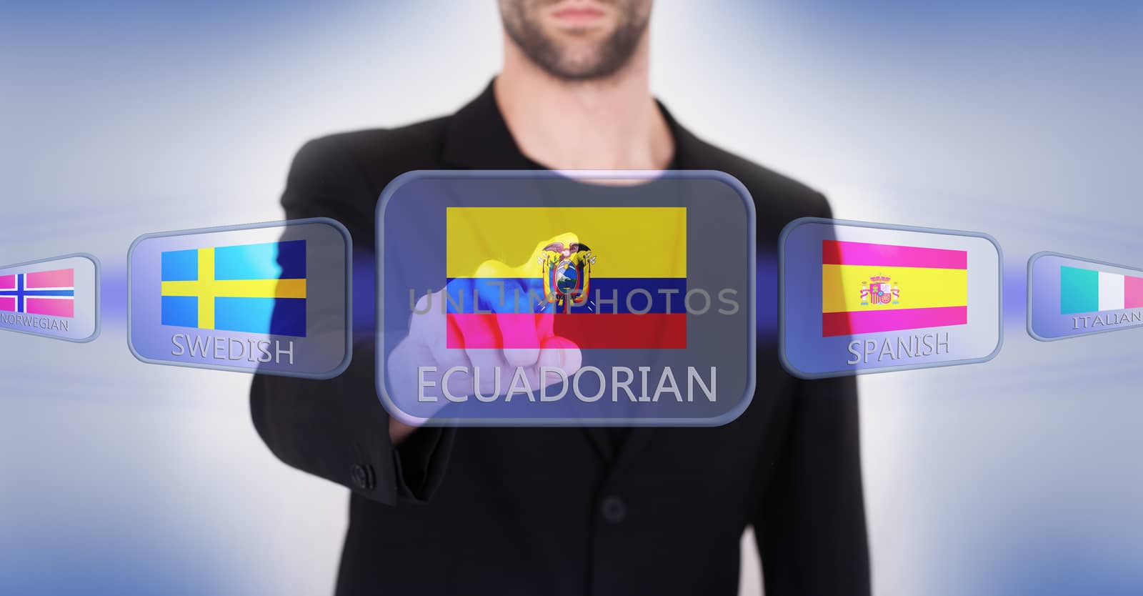 Hand pushing on a touch screen interface, choosing language or country, Ecuador