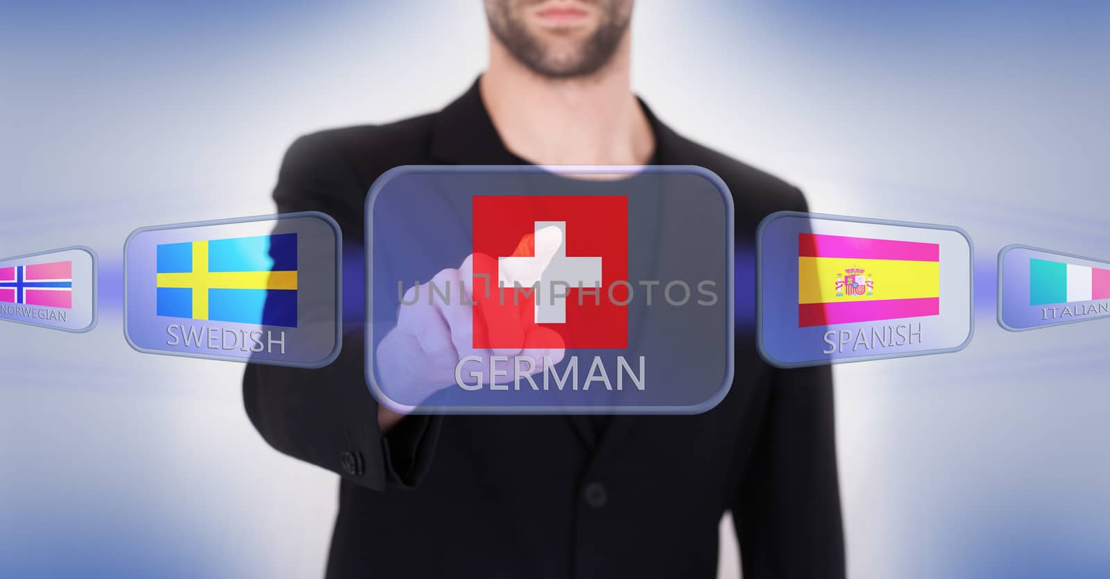 Hand pushing on a touch screen interface, choosing language or country, Switzerland