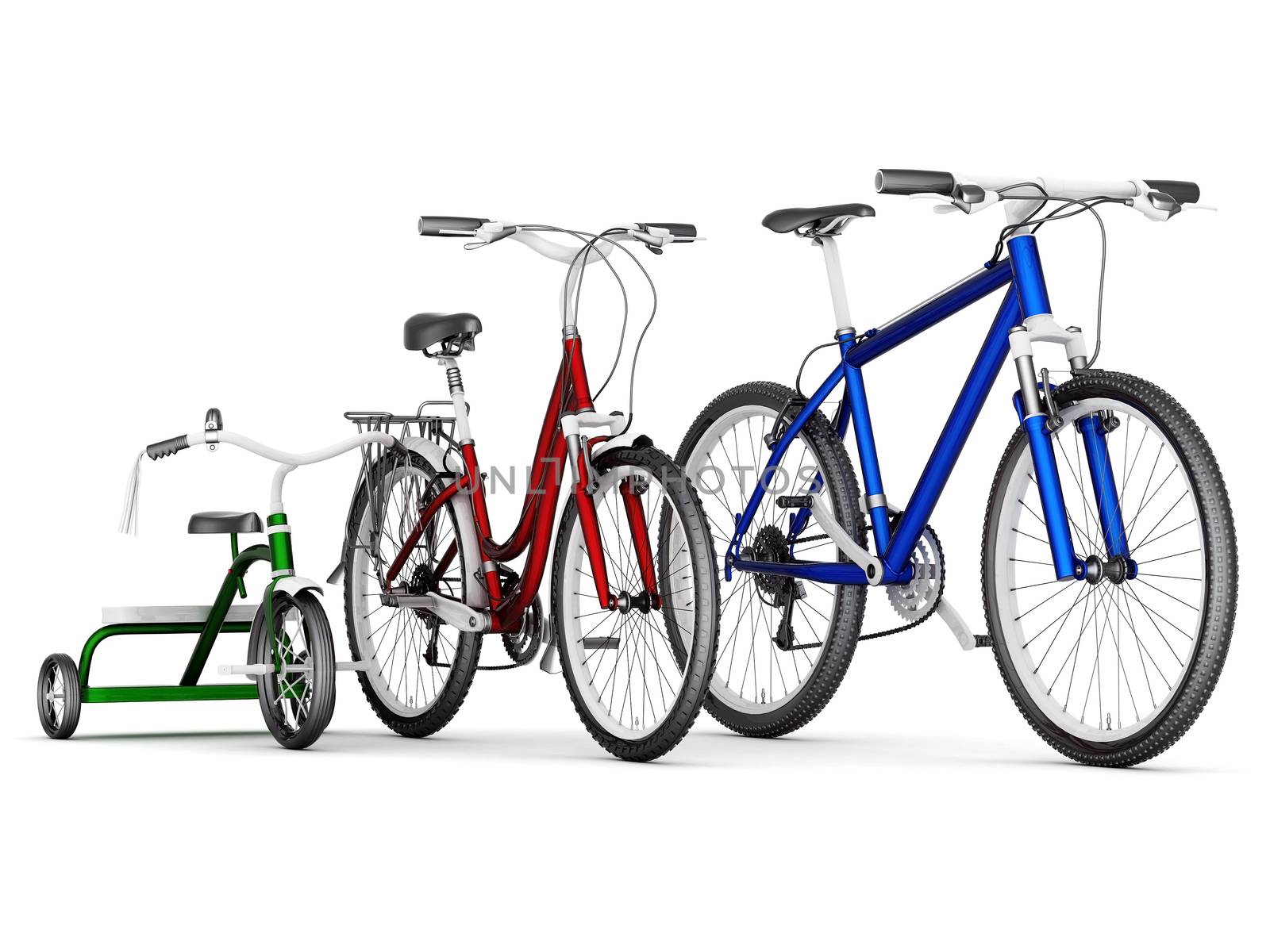 men's, women's and children's bikes on a white background