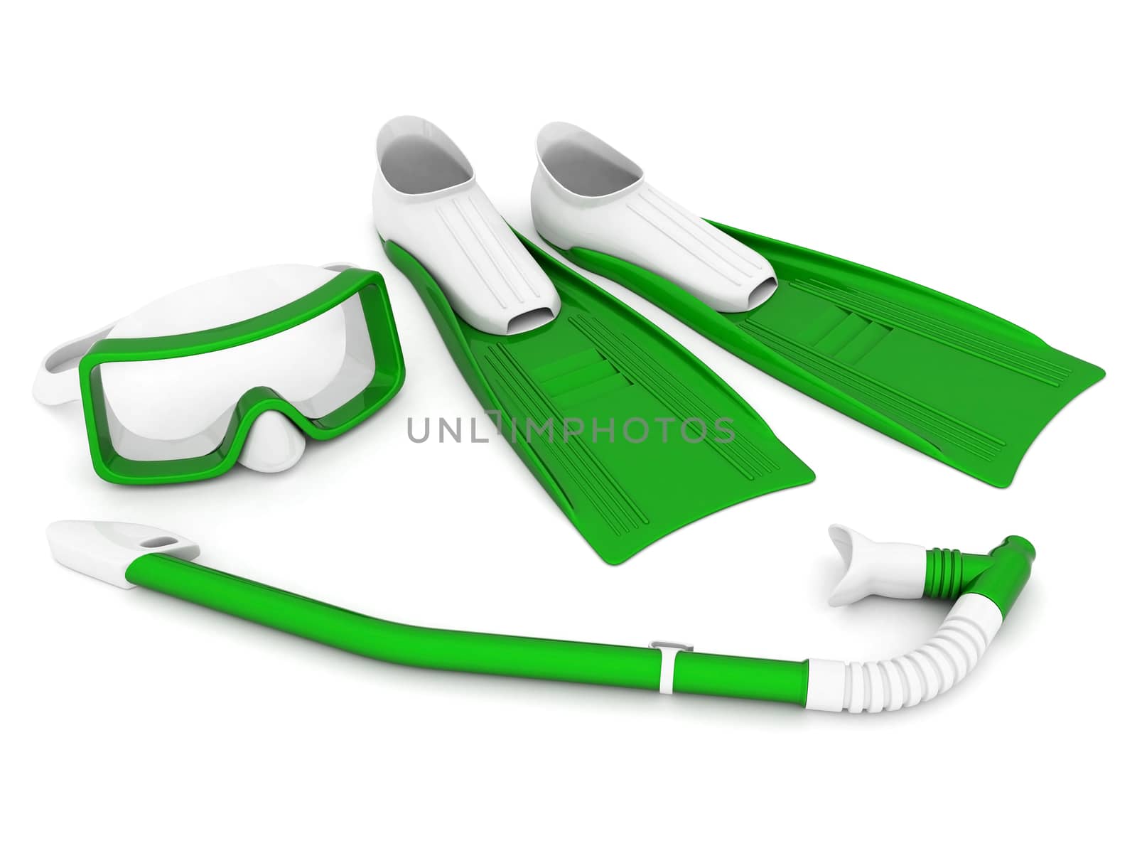 flippers, mask and snorkel on a white background