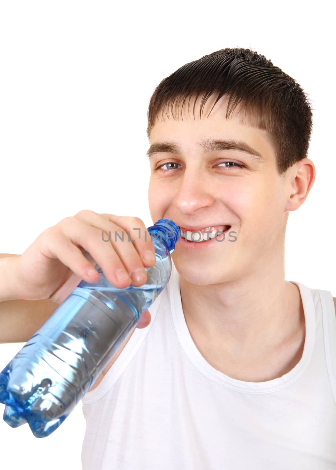 Happy Teenager with Bottle of Water on the White Background