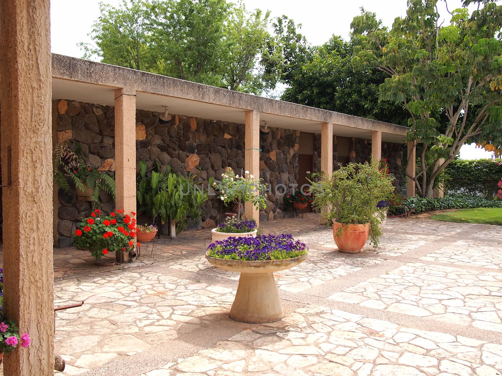 Typical classical Mediterranean style garden with blooming flowers and stone work