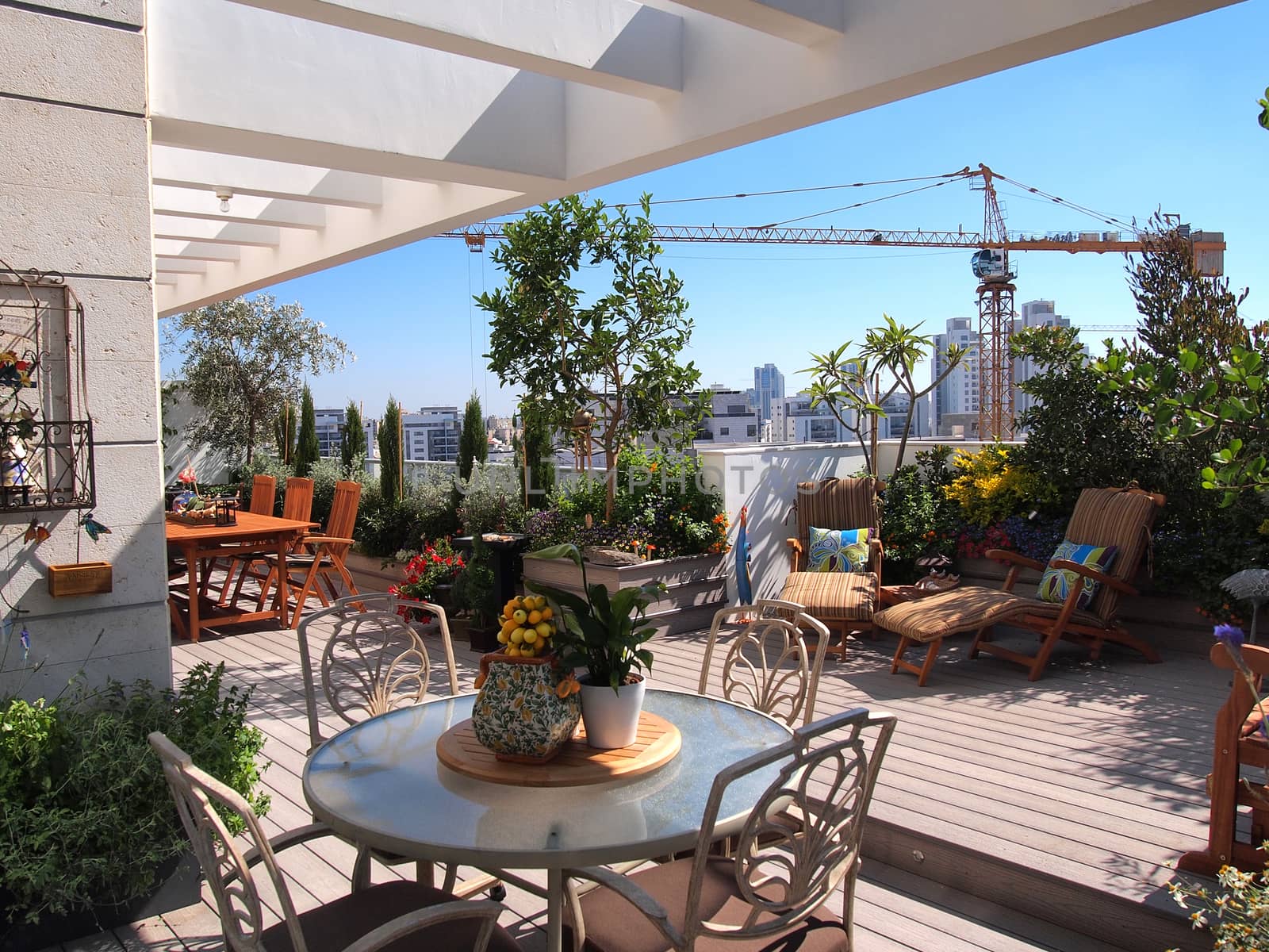 Beautiful classical design blooming rooftop garden in city urban setting