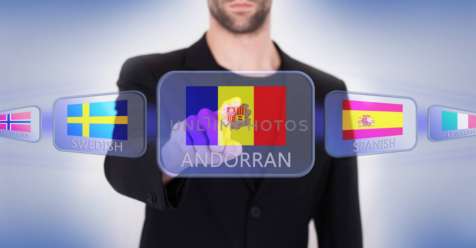 Hand pushing on a touch screen interface, choosing language or country, Andorra