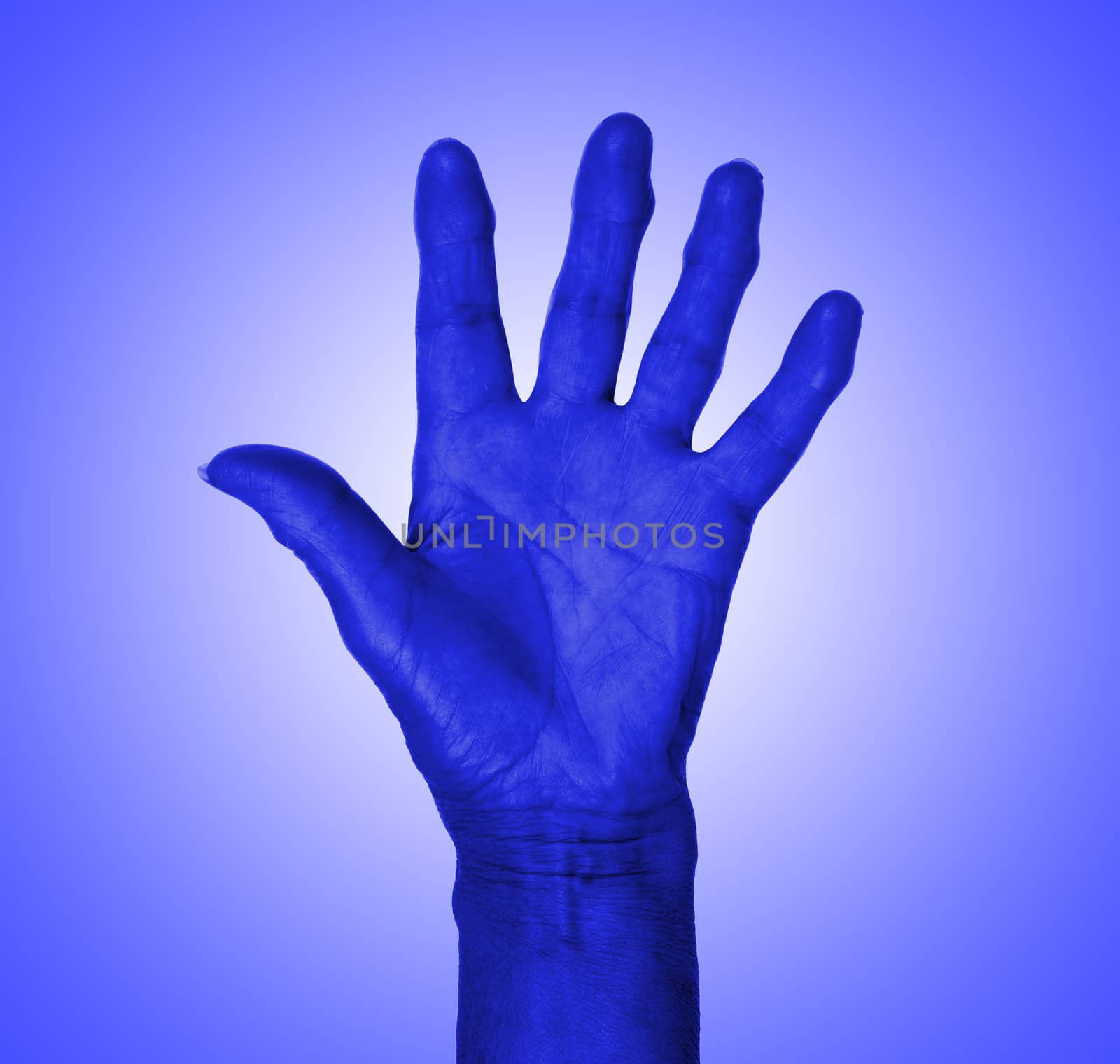 Hand symbol, saying five, saying hello or saying stop, dark blue