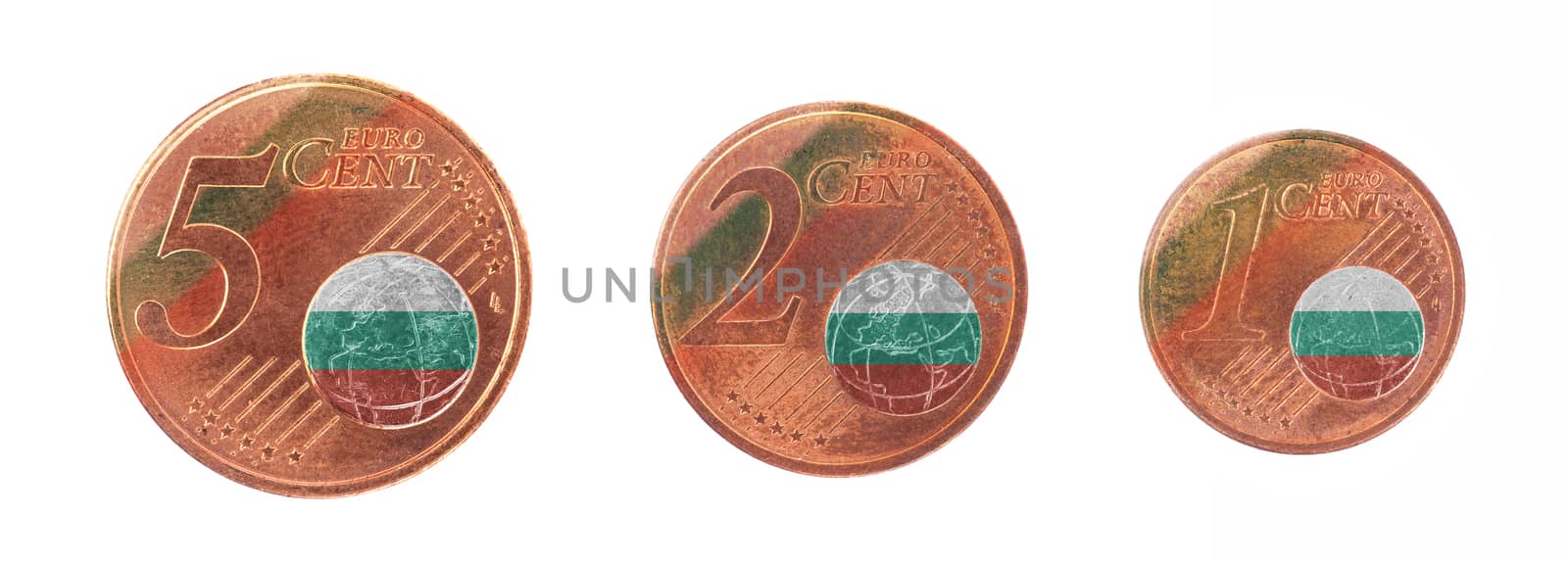 European union concept - 1, 2 and 5 eurocent, flag of Bulgaria