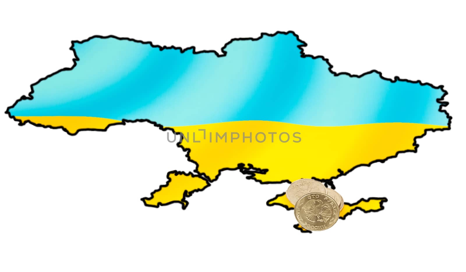 Coins on ukrainian map on Crimea peninsula