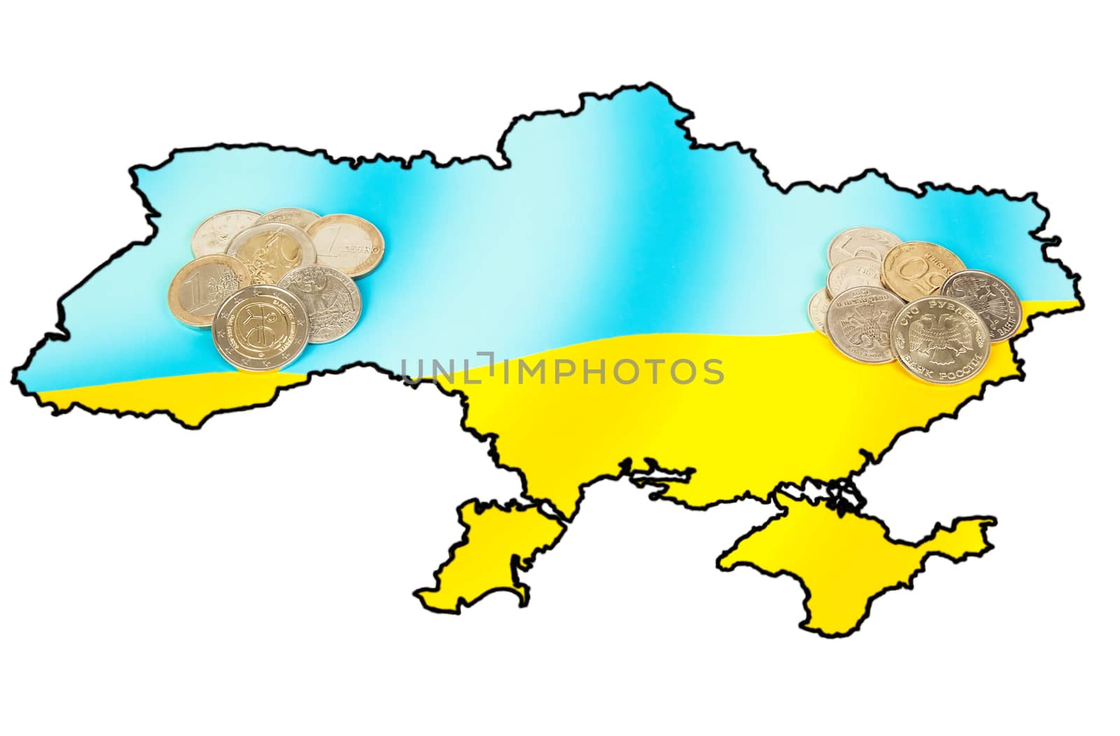 Different coins on ukrainian map concept