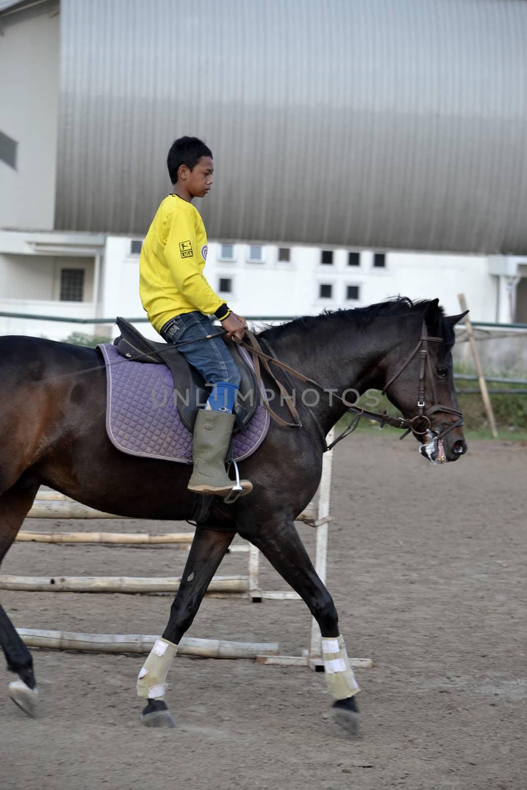 bandung, indonesia-may 31, 2014-young boy learn to riding a horse in arcamanik horse race arena