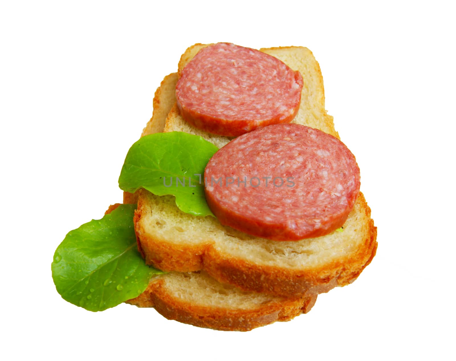 Products bread and sausage on white background is insulated