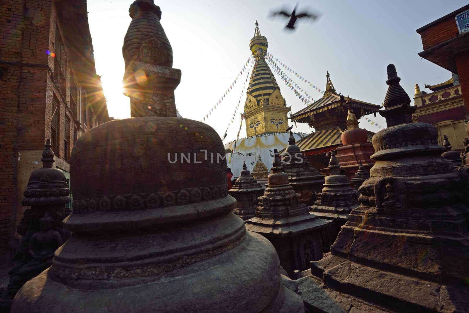 Swayambhunath (monkey temple) stupa on sunset Kathmandu, Nepal