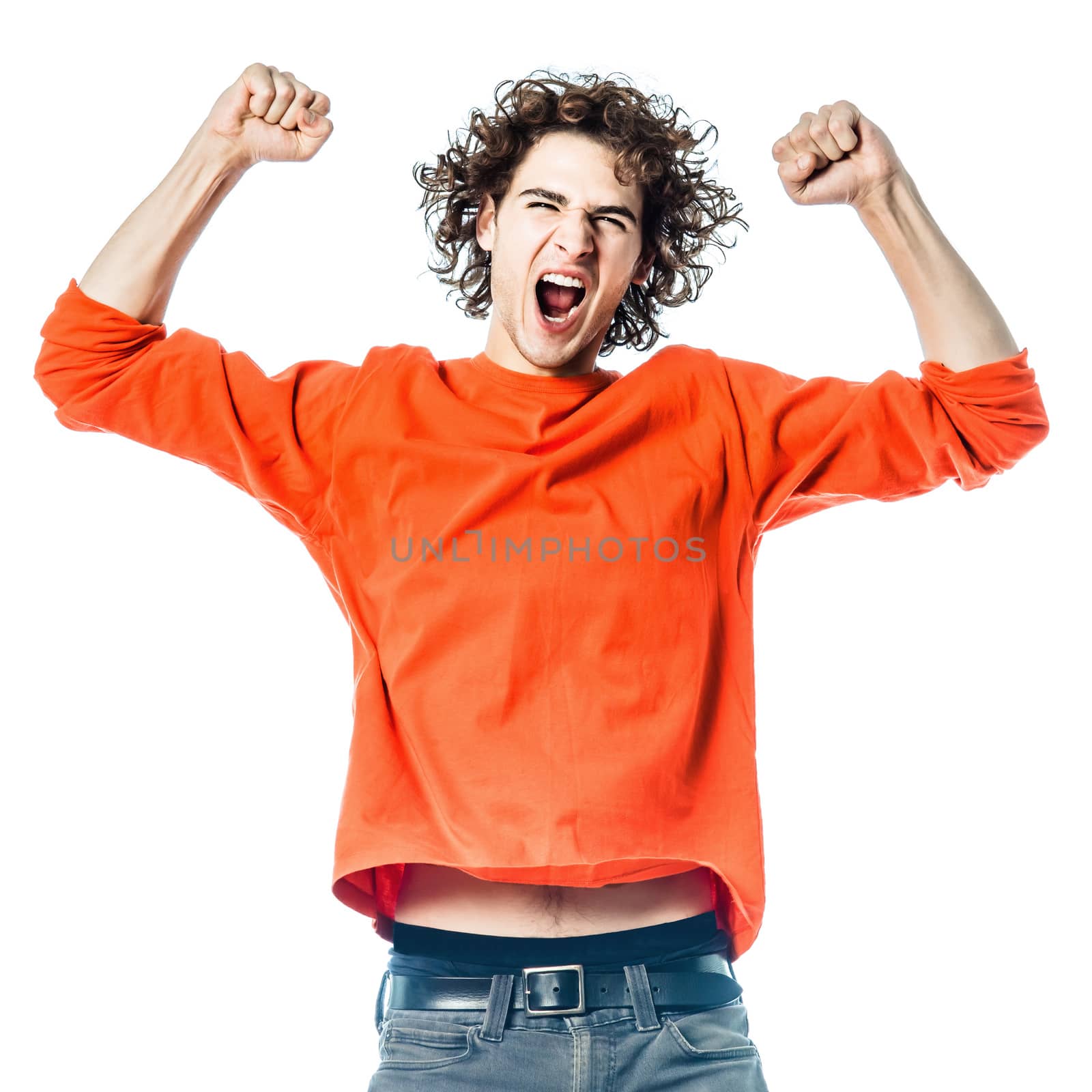 one young man caucasian strong screaming happy portrait in studio white background