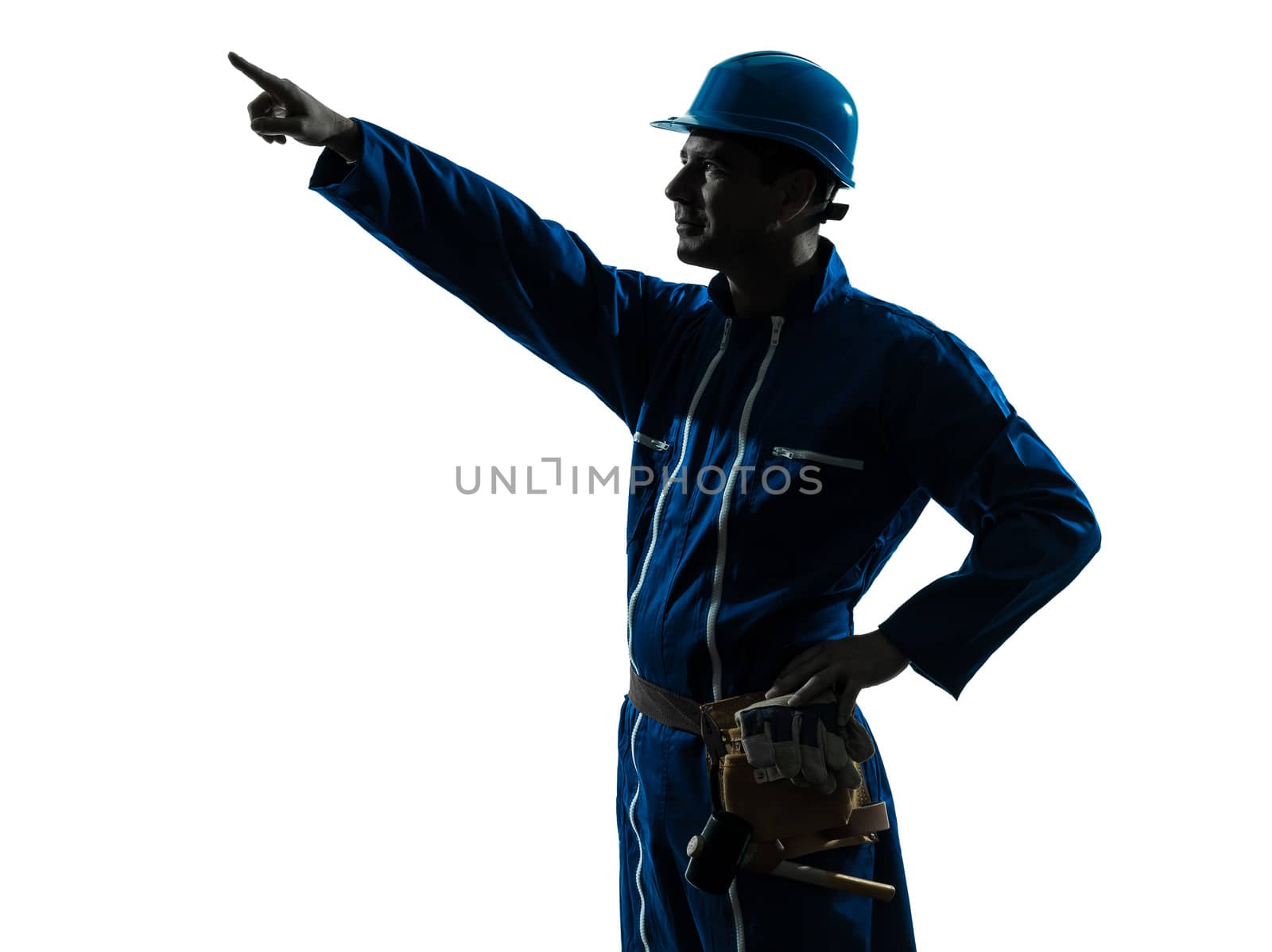 one caucasian man construction worker pointing showing silhouette portrait in studio on white background